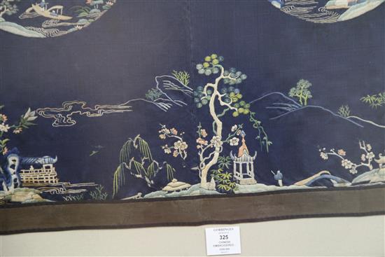 A Chinese embroidered silk panel, late Qing dynasty, 52 x 82cm, framed and glazed